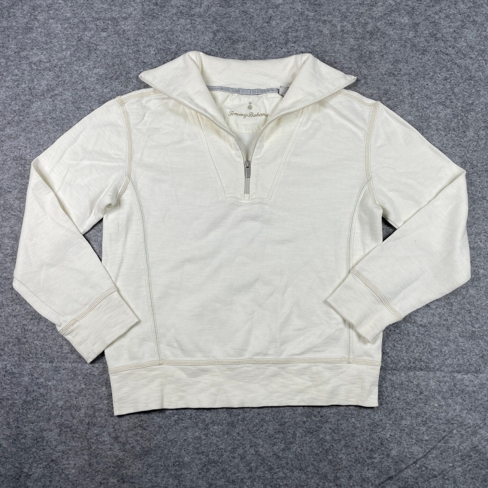 Tommy Bahama Pullover Mens Medium M Cream 1/4 Zip Ribbed Mock Neck SW221940